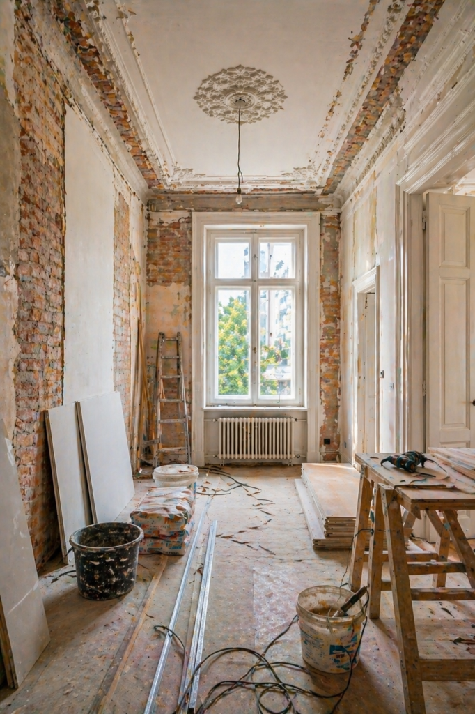 Altbausanierung München Innenausbau Arbeiten Altbauwohnung mit freigelegten Wänden und Stuck