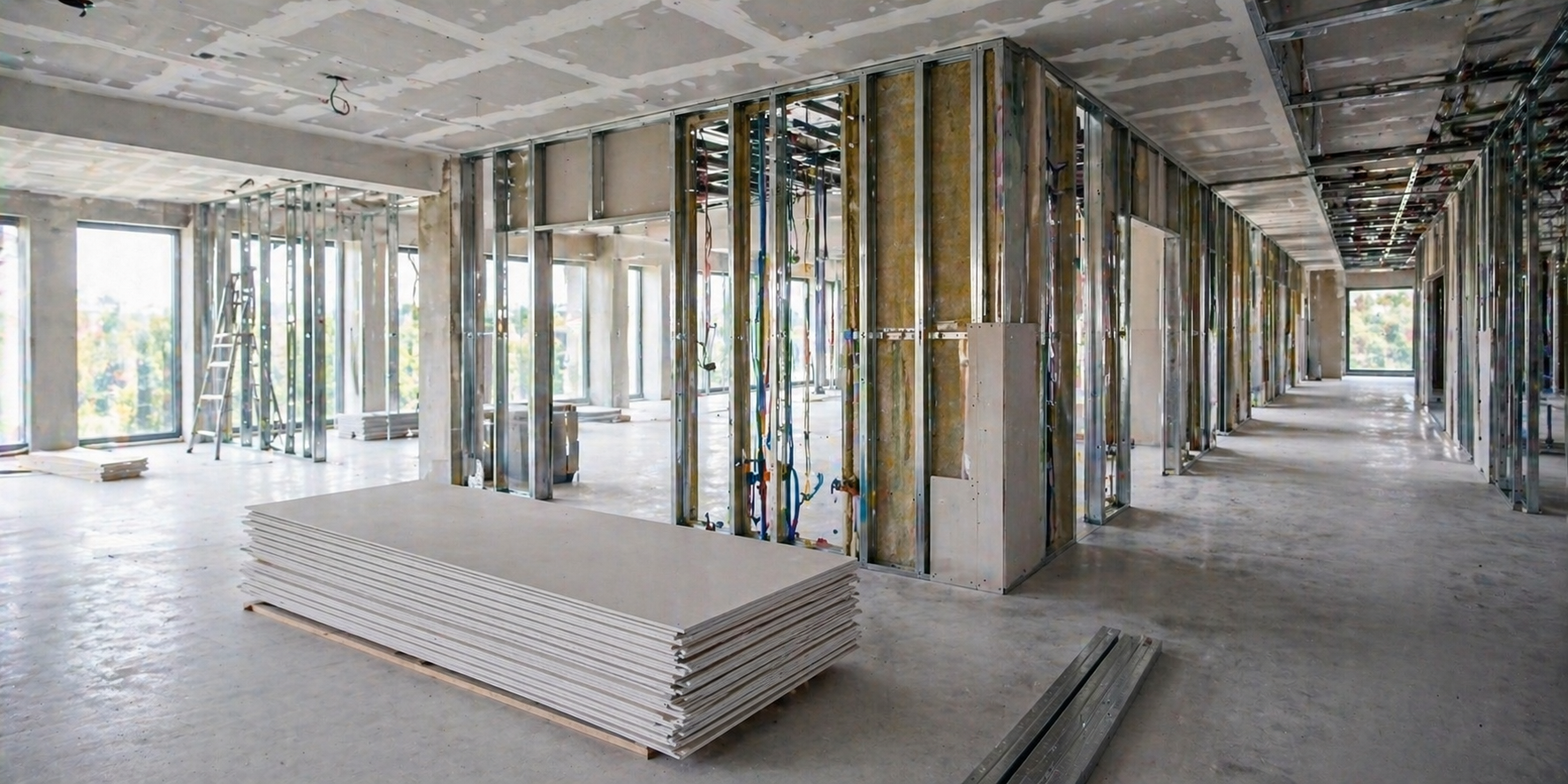 Trockenbau Kosten München Baustelle Innenausbau große Fläche Wandkonstruktion Projekt